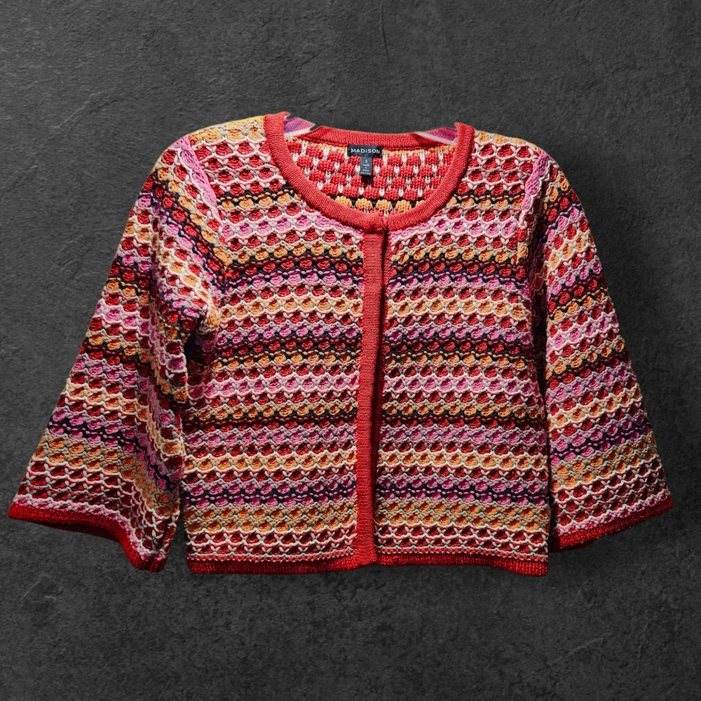 Madison Multi-Color Artsy 3-Snap Sweater Cardigan Crop Top Shrug - Size Small